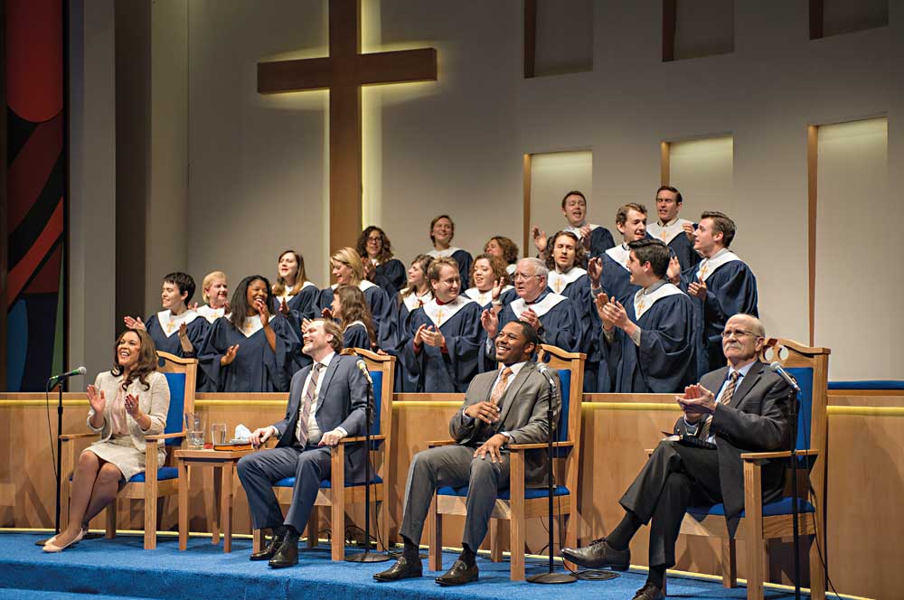 Linda Powell, Andrew Garmon, Larry Powell, Richard Henzel and the Choir in "The Christians." at the 38th Humana Festival of New American Plays at Actors Theatre of Louisville. (Photo by Michael Brosilow)