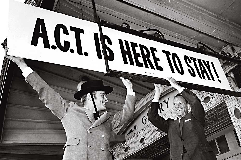 William Ball, left, with Mortimer Fleishhacker, as ACT puts down stakes in San Francisco in 1967.