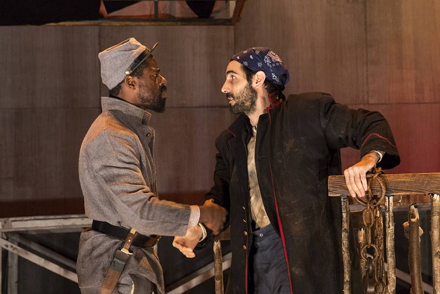 Sterling K. Brown and Louis Cancelmi in "Father Comes Come From the Wars (Parts 1, 2 & 3" at the Public Theater. (Photo by Richard Termine)
