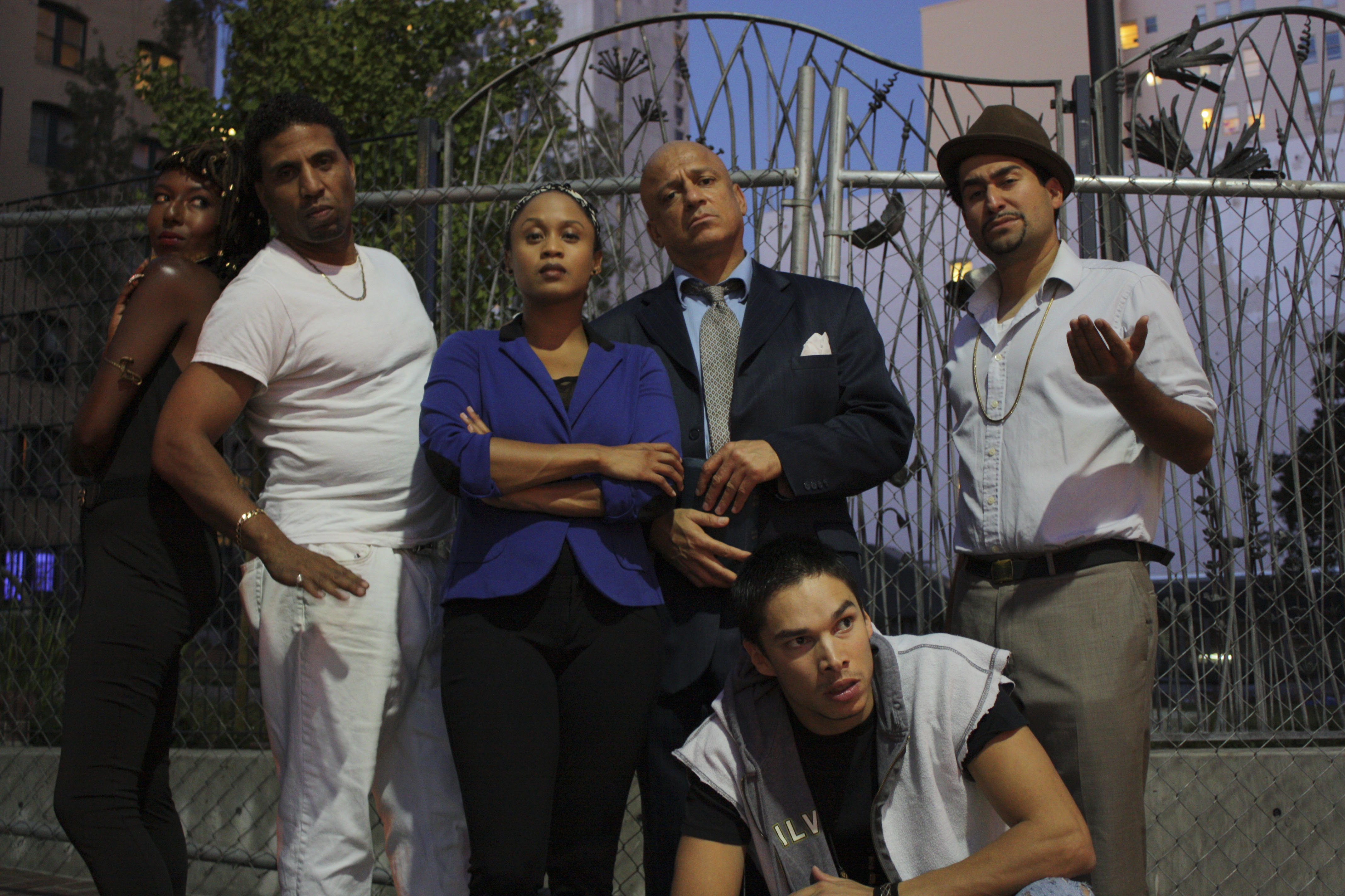 Britney Frazier, Myers Clark, Delina Patrice Brooks, Donald E. Lacy, Jr., Juan Amador and Ricky Saenz in "Superheroes," a coproduction of Cutting Ball and Campo Santo