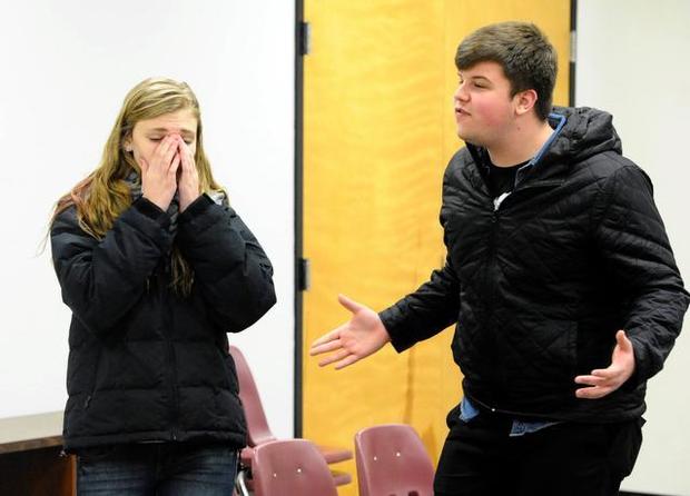 Cici Pinson and Nathaniel Shoun rehearse a scene from "Almost, Maine" at Maiden High School in Maiden, N.C. (Photo by David T. Foster III)