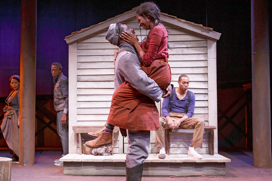 Tonye Patano, Julian Rozzell Jr., Sterling K. Brown, Jenny Jules and Jeremie Harris in "Father Comes Home from the Wars." (Photo by Joan Marcus)