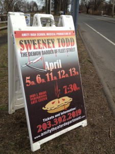 A sign for a production of "Sweeney Todd" at Amity Regional High School in Woodbridge, Conn. 