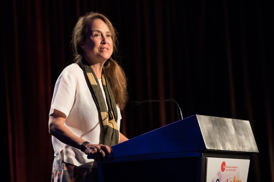 Naomi Shihab Nye delivering the opening plenary speech at the 2018 TCG Conference. (Photo by Jenny Graham for Theatre Communications Group)