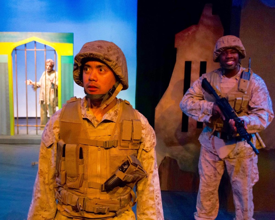"Bengal Tiger at the Baghdad Zoo" by Rajiv Joseph at Long Beach Playhouse. Pictured: Lee Samuel Tanngand Jeff Rolle Jr. (Photo by Michael Hardy)