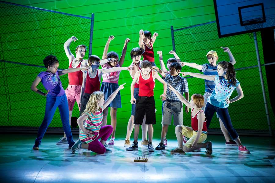 The cast of "Diary of a Wimpy Kid," with book by Kevin Del Aguila, at Children's Theatre Company. (Photo by Dan Norman)
