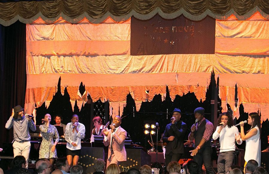 The cast of "Hamilton" performs at the Ars Nova gala. (Photo by Kari Otero)