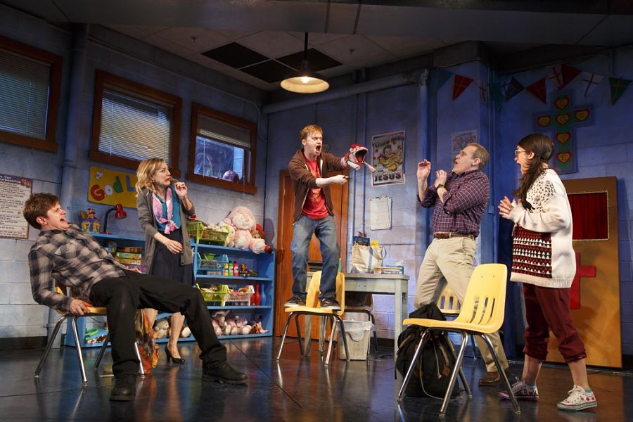 Michael Oberholtzer, Geneva Carr, Steven Boyer, Marc Kudisch, and Sarah Stiles in a scene from Robert Askins' "Hand to God" on Broadway. (Photo by Joan Marcus)
