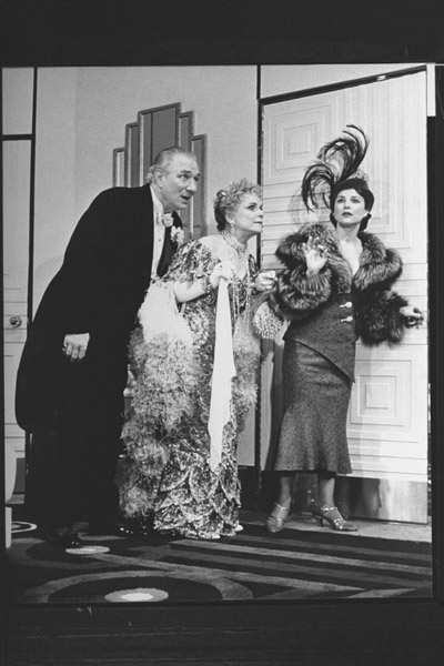 Philip Bosco (Saunders), Jane Connell (Julia), and Tovah Feldshuh (Maria) in "Lend Me a Tenor" on Broadway. (Photo by Martha Swope)