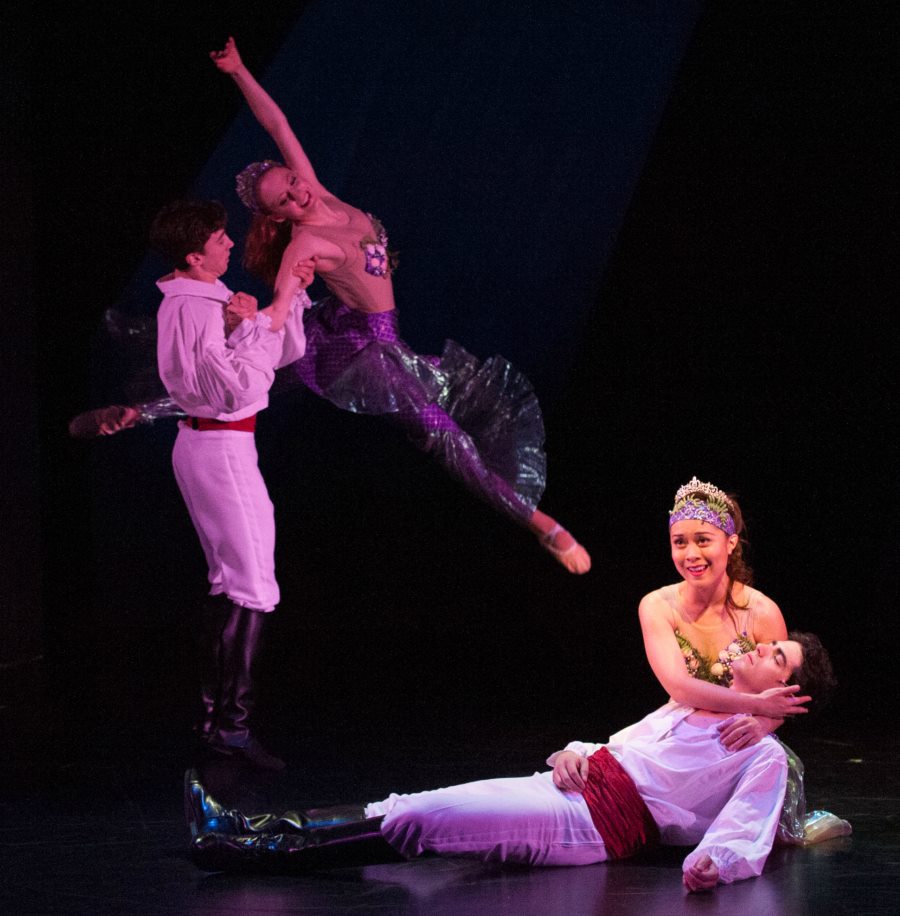 Christopher Collins, Giselle MacDonald, Justine Icy Moral, and Tiziano D’Affuso in "The Little Mermaid" at Imagination Stage. (Photo by Margot Schulman)