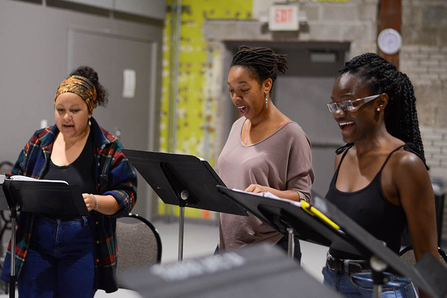 Gabrielle Dominique, Nimeme Wurden, and Ashawnti Ford in rehearsal for "Goddess," part of the 2017 NEXT Festival at Theater Latté Da in Minneapolis. (Emilee Elofson)