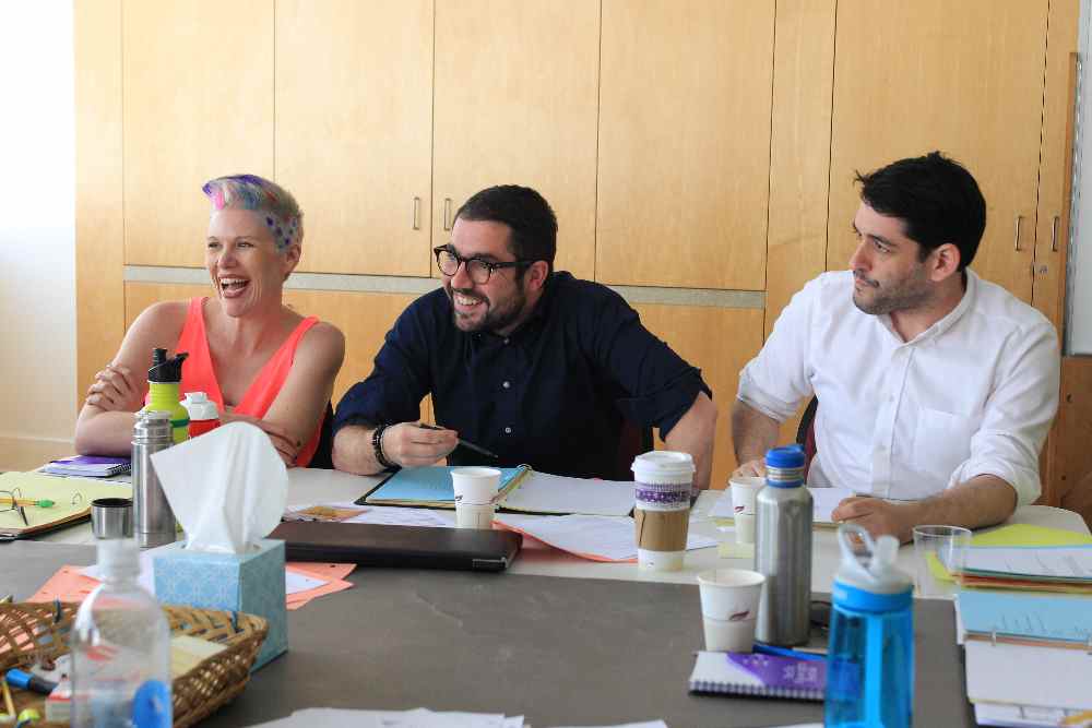 Dramaturge, Kimberly Colburn, playwright Noah Haidle and director Evan Cabnet in rehearsal for South Coast Repertory's 2016 Pacific Playwrights Festival reading of "A Perfect Circle." (Photo by DeboraRobinson/SCR)