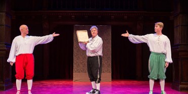 Reed Martin, Austin Tichenor, and Teddy Spencer in the Reduced Shakespeare Company's "William Shakespeare’s Long Lost First Play (abridged)" at Folger Theatre in Washington, D.C., in 2016. (Photo by Teresa Wood)
