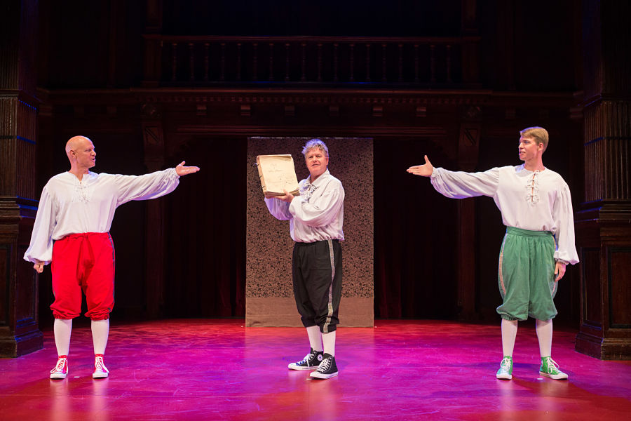 Reed Martin, Austin Tichenor, and Teddy Spencer in the Reduced Shakespeare Company's "William Shakespeare’s Long Lost First Play (abridged)" at Folger Theatre in Washington, D.C., in 2016. (Photo by Teresa Wood)