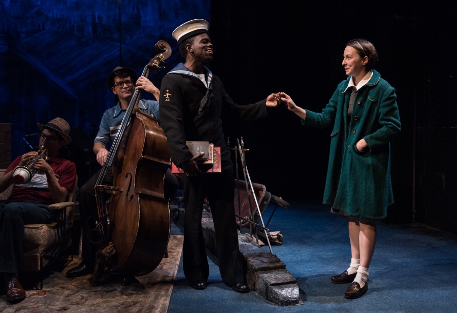 Max Boiko (trumpet), Walter Stinson (bass), Ade Otukoya, and Rebekah Brockman in "A Taste of Honey" at the Pearl Theatre Company in New York City. (Photo by Russ Rowland)
