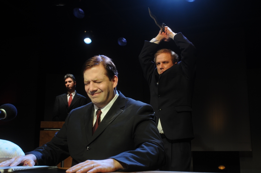 "The Strangerer" by Mickle Maher, at the Catastrophic Theatre in Houston in 2008. Pictured: Seán Patrick Judge, Troy Schulze, and Paul Locklear. (Photo by George Hixson)