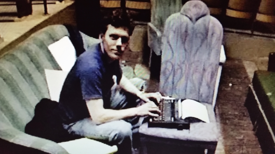 Will Eno typing his first play for the 24 Hour Company in 1995.