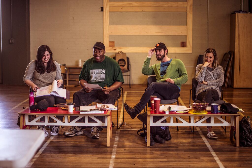 Actors in rehearsal for "American Hero" at Detroit Public Theatre.