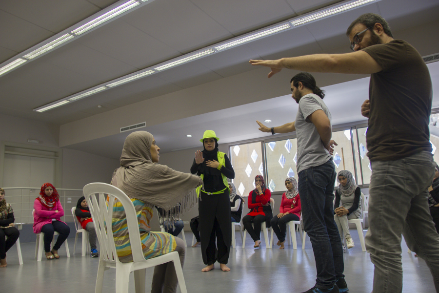 In rehearsal for "Antigone," which was presented with female refugees at Al-Madina Theatre.