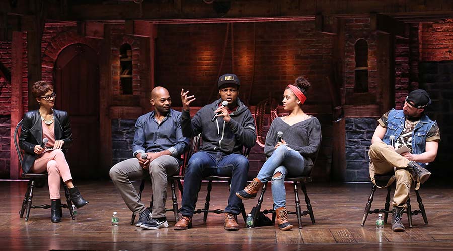 Syndee Winters, Brandon Victor Dixon, J. Quinton Johnson, Sasha Hollinger, and Roddy Kennedy during the Q &A for EduHam matinee performance of "Hamilton" at the Richard Rodgers Theatre on 3/15/2017 in New York City.