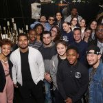 Syndee Winters (far left) and Roddy Kennedy (far right) with the student performers of the March 15, 2017, installment of the Hamilton Education Program at the Richard Rodgers Theatre on Broadway. (Photo by Walter McBride)