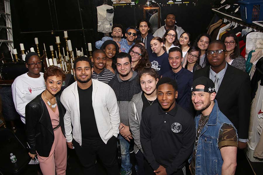 Syndee Winters (far left) and Roddy Kennedy (far right) with the student performers of the March 15, 2017, installment of the Hamilton Education Program at the Richard Rodgers Theatre on Broadway. (Photo by Walter McBride)