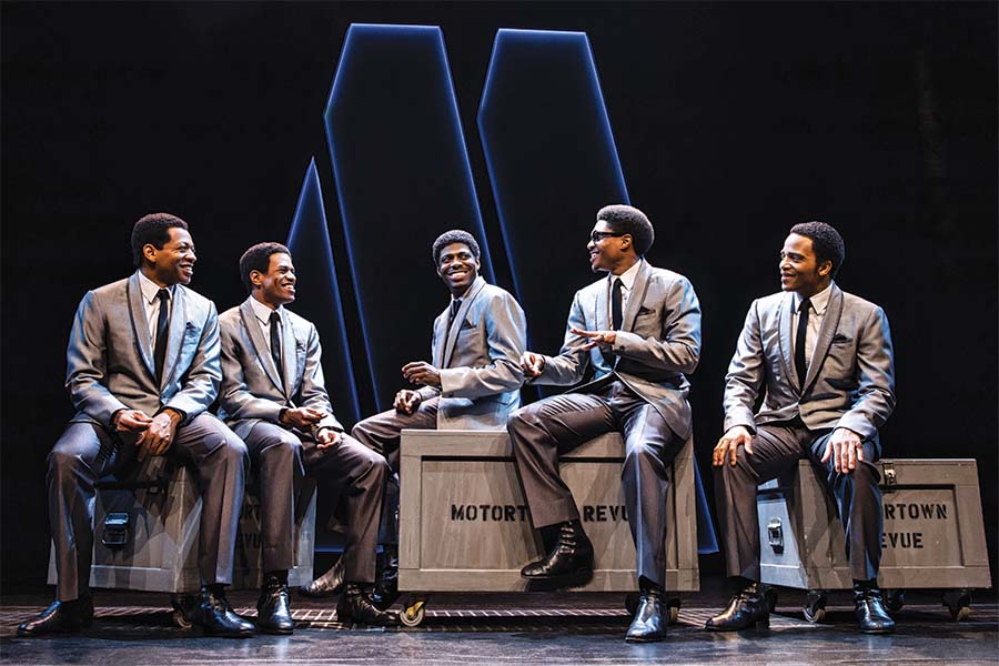 L-R: Derrick Baskin, Jeremy Pope, Jawan M. Jackson, Ephraim Sykes and James Harkness in “Ain't Too Proud,” which is being presented by Center Theatre Group at the Ahmanson Theatre through September 30. Press Contact: CTGMedia@CTGLA.org / (213) 972-7376. Photo by Matthew Murphy.
