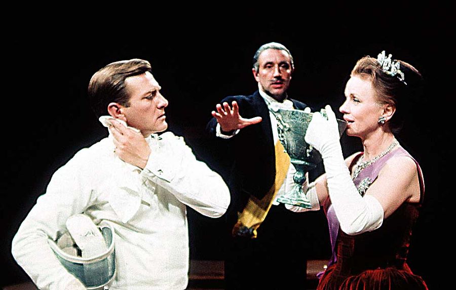 The very first Guthrie production, "Hamlet," directed by Tyrone Guthrie. Pictured, from left, are George Grizzard, Lee Richardson, and Jessica Tandy. (Photo by Marty Nordstrum)