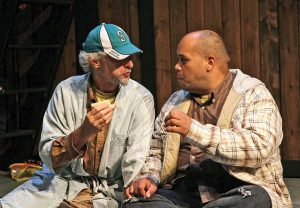Will Rose and Jose Amador in "Don Quixote & Sancho Panza: Homeless in Seattle" at Seattle's eSe Teatro. (Photo by Stephani Mallard Couch)