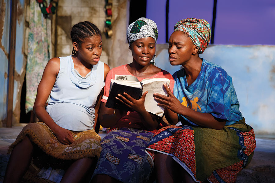 Pascale Armand, Lupita Nyong’o, and Saycon Sengbloh in "Eclipsed" Off Broadway at the Public Theater. (Photo by Joan Marcus)