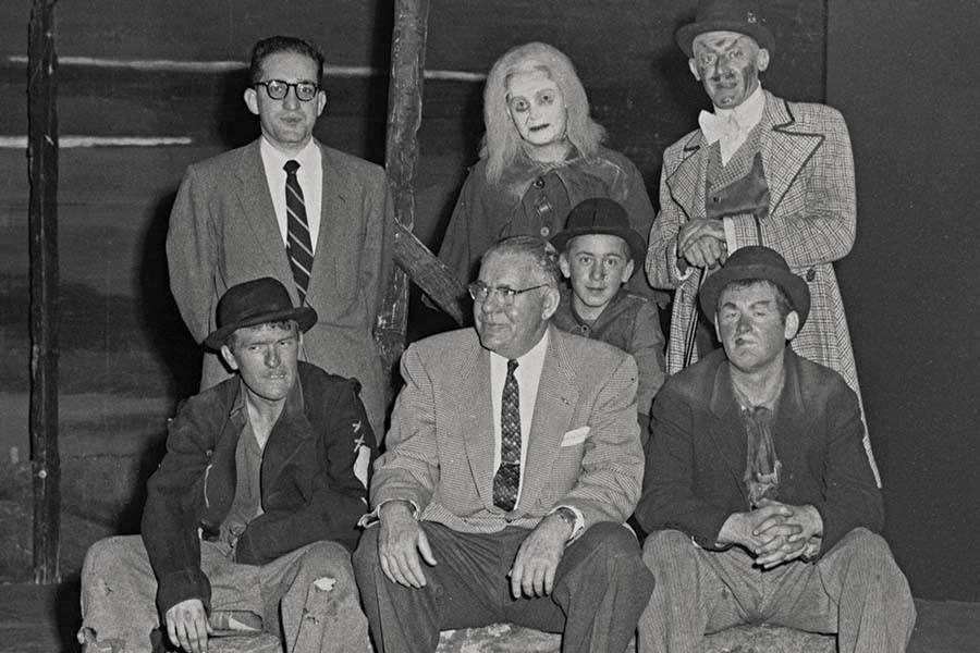 Standing: Director Herbert Blau with cast members Jules Irving and Joseph Miksak. Seated: San Quentin warden F.R. Dickson (center) with performers Robert Symonds, Anthony Miksak, and Eugene Roche. (California Department of Corrections/Billy Rose Theatre Division, the New York Public Library for the Performing Arts)
