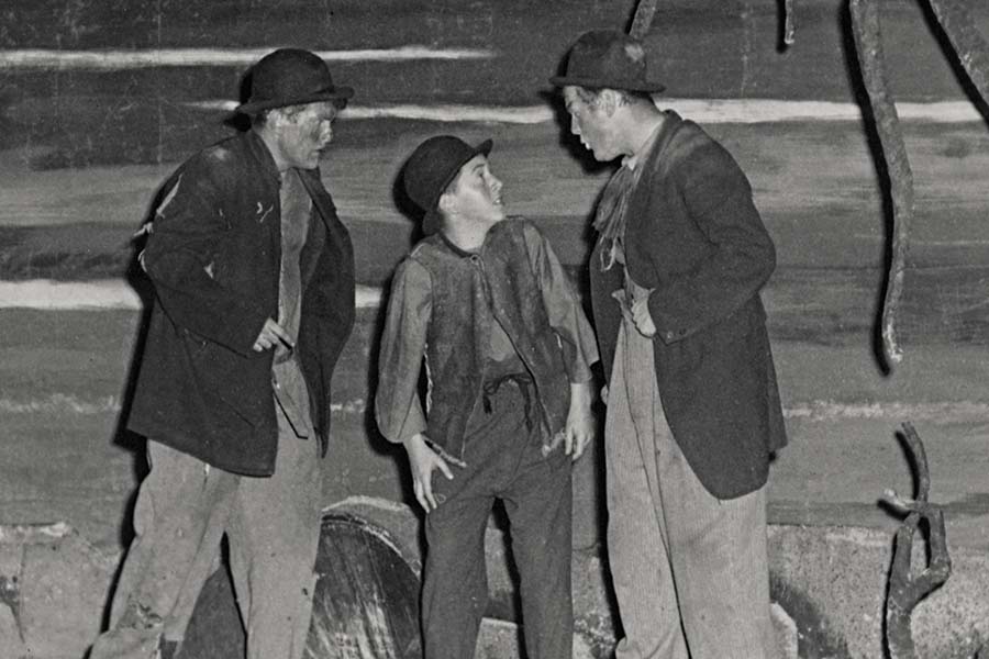 Symonds, Anthony Miksak, and Roche in the 1957 San Quentin performance of 'Waiting for Godot' from the Actor's Workshop of San Francisco at San Quentin State Prison in California on Nov. 19, 1957. (California Department of Corrections/Billy Rose Theatre Division, the New York Public Library for the Performing Arts)