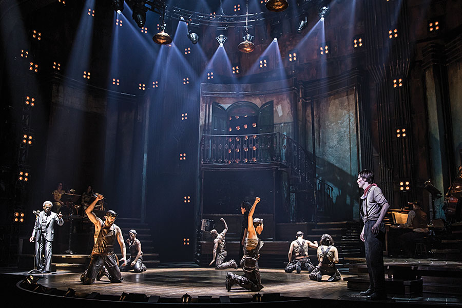"Hadestown" (book, music, and lyrics by Anaïs Mitchell; sound by Nevin Steinberg and Jessica Paz) on Broadway, whose set design by Rachel Hauck required special attention to acoustics. (Photo by Matthew Murphy)