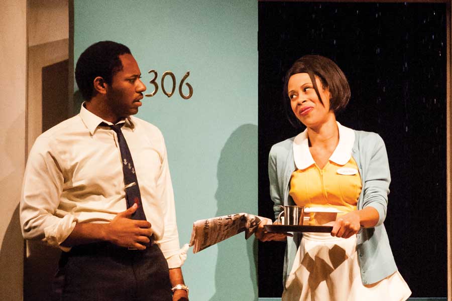 Larry Powell and Dominique Morisseau in "The Mountaintop" at Actors Theatre of Louisville. (Photo by Bill Brymer)