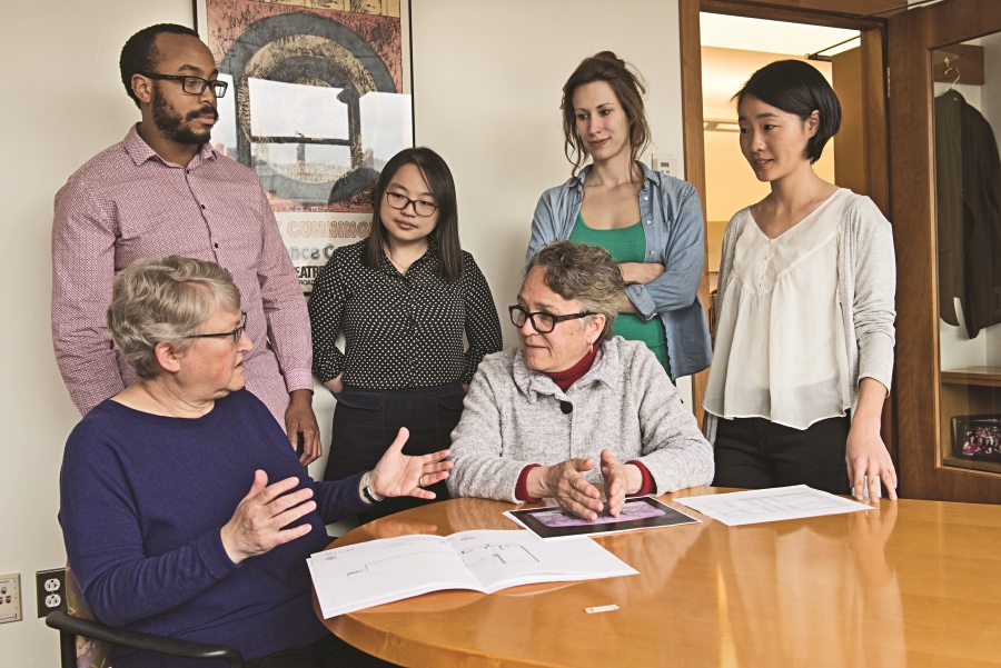 Yale School of Drama theatre management chair Joan Channick and deputy dean Victoria Nolan with Al Heartley, Kathy Li, Victoria Nolan, Emily Reeder, and Sooyoung Hwang. (Photo by Mara Lavitt)