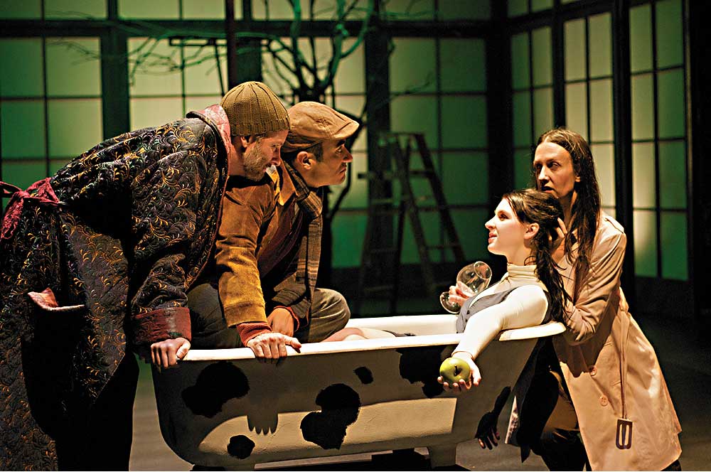 Joseph Ritsch, David Gregory, Shannon McPhee and Caroline Reck in Olga Mukhina's "Tanya, Tanya," adapted by Kate Moira Ryan for the New Russian Drama Conference held at Baltimore's Towson University in 2010---a Center for International Theatre Development Project. (Photo by Matt Gahs)