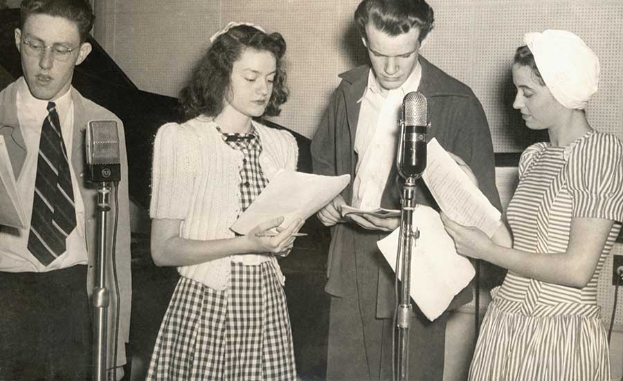 Students participating in a live national radio broadcast on the NBC Red Network on June 7, 1941, closing the National Thespian Dramatic Honor Society for High Schools’s first National High School Drama Conference at Indiana University. (Courtesy of the Educational Theatre Association)
