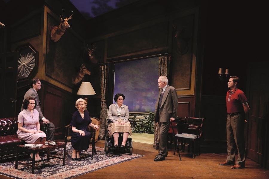 "The Unexpected Guest" at Theatre Breaking Through Barriers. Pictured: Pamela Sabaugh, Scott Barton, Melanie Boland, Ann Marie Morelli, Lawrence Merritt, and David Rosar Stearns. (Photo by Carol Rosegg)  