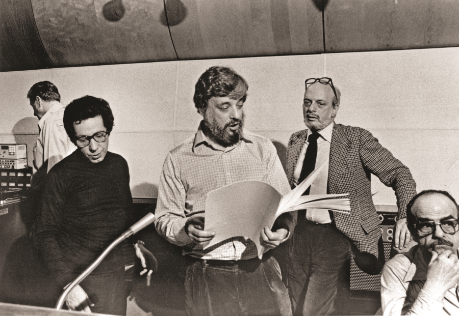 Thomas Z. Shepard, Stephen Sondheim, and Harold Prince at the recording session for the original cast album of Sweeney Todd. (Photo by Henry Grossman/ Photofest)
