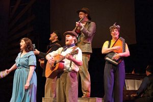 Megan K. Pence, Ryan Lee, Gary Danciu, Jeremy van Meter, and Stela Burdt in "Woody Guthrie’s American Song" at Lanesboro, Minn.'s Commonweal Theatre Company in 2015. (Photo by Jason Underferth)
