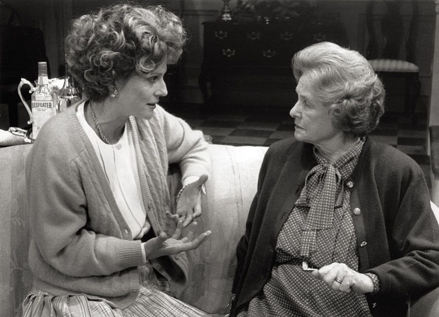 Monica Merryman, left, and Phyllis Thaxter in "The Cocktail Hour" at the Paper Mill Playhouse (1990). (Photo by Photofest)