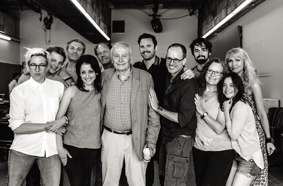 A.R. Gurney with the cast and company of "The Wayside Motor Inn" at NYC’s Signature Theatre in 2014. (Photo by Erik Carter)