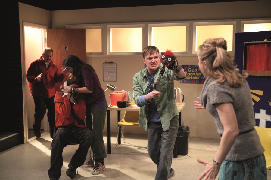 Scott Sowers, Bobby Moreno, Megan Hill, Steven Boyer, and Geneva Carr in the original "Hand to God" at Ensemble Studio Theater. (Photo by Gary Goldstein)