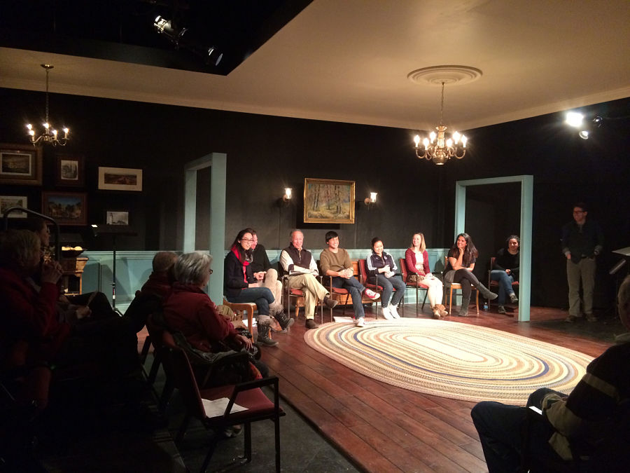 Post-show discussion after a TimeLine Theatre Company TimePieces reading of "The Tiger Among Us" by Lauren Yee. Pictured from left:  Yee, Lawrence Grimm, Joseph Foronda, Kroydell Galima, Melissa Kong, Libby Conkle, director Ladvina Jadhwani, dramaturg Kristin Leahey, and artistic director PJ Powers. (Photo by Lara Goetsch.)