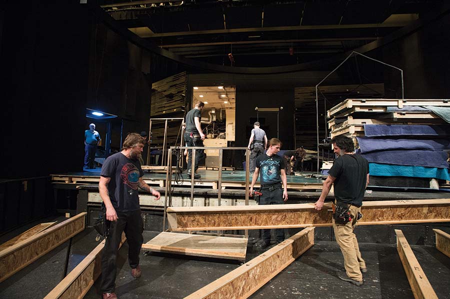 20160111_Behind_Scenes_0033Stage Operations crew load in the set of The River Bride (2016); parts of the Great Expectations set are visible in the background. Photo by Jenny Graham, Oregon Shakespeare Festival.