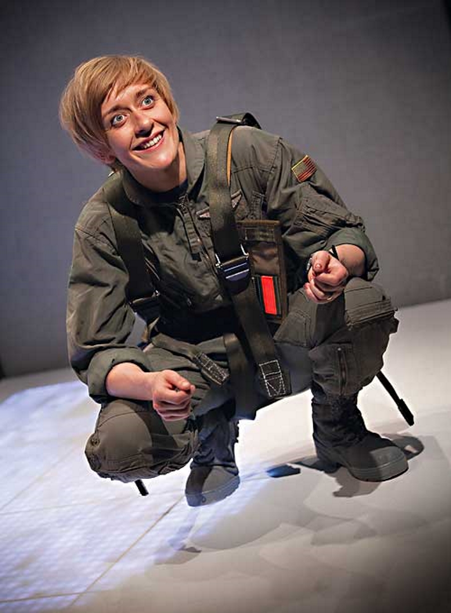 Lucy Ellinson as a conflicted fighter pilot in Brant’s "Grounded," at London’s Gate Theatre. (Photo by Iona Firouzabadi)