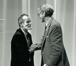 Athol Fugard, left, was the guest speaker at a 1991 event honoring Peter Culman's 25th year as Center Stage's managing director. (Photo by Max Glanville)