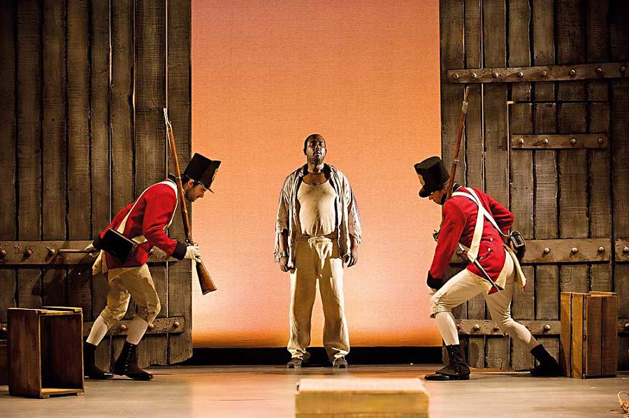 James A. Williams (flanked by Elan Maier and David Schlumpf) in Brown’s "Dartmoor Prison," directed by Chay Yew in 2011 at Chicago’s Goodman Theatre. (Photo by Michael Brosilow)