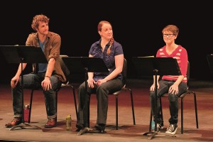 From left, Eric Boudreau, Kate Haas and Kaleena Newman read Nicholas Kryah’s Birdsong at Write Now.