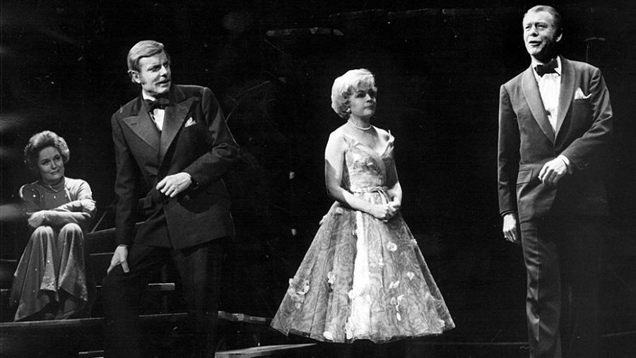 Alexis Smith, John McMartin, Dorothy Collins, and Gene Nelson in "Follies" on Broadway in 1971.